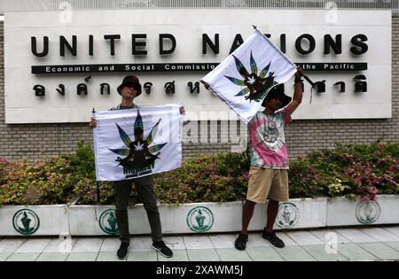 Bangkok, Thailand. Juni 2024. Cannabisaktivisten, die während des Protestes vor dem Gebäude der Vereinten Nationen in Bangkok eine Flagge mit einem Cannabisblattsymbol halten. Eine Gruppe von Cannabisaktivisten und -Unterstützern versammelte sich, um gegen die Möglichkeit der Wiederkriminalisierung von Cannabis zu protestieren, nachdem Cannabis in Thailand 2022 entkriminalisiert wurde. Die thailändische Regierung plant, das Land bis Ende 2024 wieder unter Strafe zu stellen. Quelle: SOPA Images Limited/Alamy Live News Stockfoto