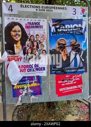 Paris, Frankreich, Plakate für Europawahlen auf der Straße, extreme linke und rechte politische Parteien, LFI Stockfoto