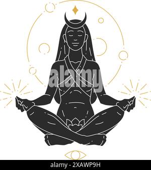 Schöne Bohème Frau in Yoga-Pose Silhouette. Böhmische weibliche Vektor-Illustration für Wandkunst Poster Druckvorlage. Meditationsfrauenkonzept des Stock Vektor