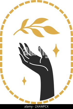 Frau Hand mit Ast mit Blättern Silhouette Vektor Illustration. Botanische Zeichnung für Poster und mystische Logo-Emblem oder Modeschmuck. Stock Vektor