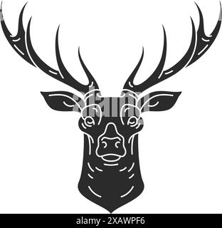 Hirschkopf mit Hörnern Hand gezeichnet Silhouette Vektor Illustration. Geweih-Zeichnung für Poster und Jagdlogo-Emblem oder Modeschmuck. Stock Vektor