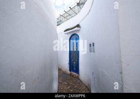 Weiße Gasse mit Einer typisch marokkanischen blauen Tür, bemalt mit sehr bunten Blumen- und Pflanzendekorationen in Rabat, der Hauptstadt Marokkos in Nordafrika Stockfoto