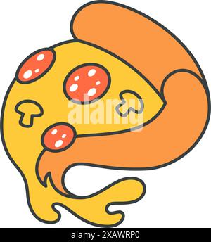 Gebogene Pizza Stück mit schmelzenden Käse Wurst und Pilze groovig Pop Art Vektor Cartoon Illustration. Appetitlich Fast Food Snack Triangle Slice com Stock Vektor