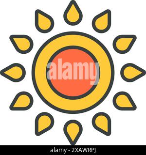 Gelbe Sommersonne mit Balken konturierten Pop-Art-Stil Vektor flache Illustration. Hell groovig leuchtenden natürlichen Sonnenstrahlen mit orangen Zentrum isoliert auf w Stock Vektor