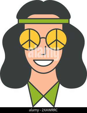 Portrait lächelnd brünette Hippie Frau in Sonnenbrille Frieden kein Krieg Zeichen groovig Vektor flache Illustration. Happy Hipster weibliche Kopf T-Shirt Druck decora Stock Vektor