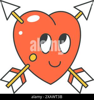 Niedliche rote Herz-Figur mit gekreuzten Pfeilen Pop Art T-Shirt Druck dekoratives Design Vektor Cartoon Illustration. Romantische Amour Liebe mit positiven em Stock Vektor