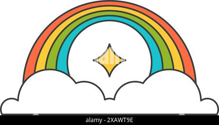 Gebogene hell gestreiften Regenbogen mit leuchtenden Stern umgeben von flauschigen Wolke Himmel Wetter Pop Art groovigen Stil Vektor Cartoon Illustration. Magisch natürlich Stock Vektor