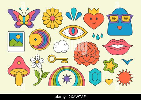 Sammlung psychedelisch konturierte Elemente Pop Art groovig dekorative Aufkleber Vektor Cartoon Illustration. Setzen Sie hellen Regenbogenbogen, Schmetterling, Chamomil Stock Vektor
