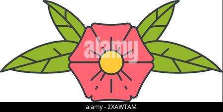 Elegante rosa Natur Blume mit Blütenblättern und gelb Mitte grün üppigen Blättern Pop Art groovy Stil dekoratives Design Vektor Cartoon Illustration. Romanti Stock Vektor