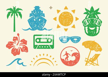 Sommer Symbole und Objekte setzen Vektor-Illustration. Helle warme Sonne leuchtet und blühende Blume. Welle mit Sonnenschirm und Sonnenliege. Vintage-Audio ca. Stock Vektor