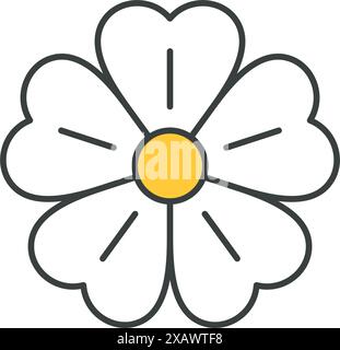 Minimalistisch konturierte Kamille mit weißen Blütenblättern und gelber Mitte Pop Art groovigen Stil Vektor Cartoon Illustration. Einfache Gänseblümchen elegante Blume summe Stock Vektor