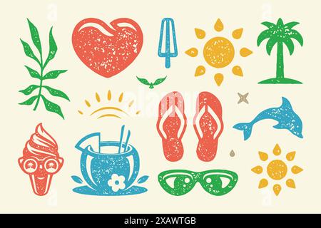 Sommer Symbole und Objekte setzen Vektor-Illustration. Glamouröse Hausschuhe mit blühenden Palmen und Delfinen. Lächelndes Eis in der Sonne Stock Vektor