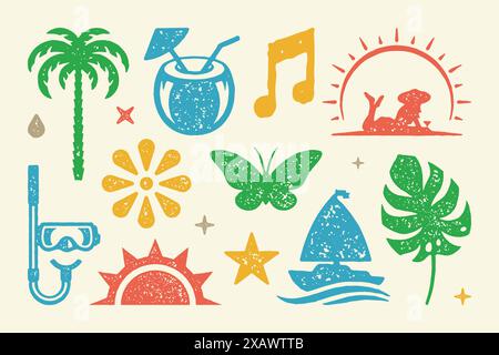 Sommer Symbole und Objekte setzen Vektor-Illustration. Üppige Palme mit Kokosnusscocktail und tropischem Schmetterling. Segelboot auf Wellen mit Maske und sn Stock Vektor