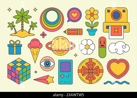 Sammlung groovy Elemente Insel Palmen, Regenbogen Kreis, psychedelisch Stapel Aufkleber Vektor Cartoon Illustration. Set Pop Art Bleistift, Blume in Topf Stock Vektor