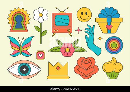 Kollektion hell konturierte Sommer Grafik Pop Art groovy Elemente Design Vektor Cartoon Illustration. Set mehrfarbige Aufkleber Retro-fernseher, psychisch Stock Vektor