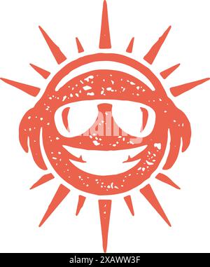 Lachende Hipster rote Sonne in Kopfhörer und Sonnenbrille helles Licht Strahlen Grunge Textur Vektor Illustration. Lächelnd sonnig Gesicht Musik Liebhaber genießen ein Stock Vektor