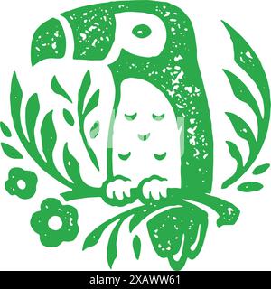 Niedlichen tropischen Papagei sitzen auf grünen Vegetation Zweig Blumen Grunge Textur Vektor Illustration. Natürlicher Vogel mit großem Schnabel Lebensraum Regenwald-Isol Stock Vektor