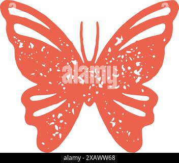 Einfache rote Schmetterling dekorative Hand gezeichnet Kunstwerk Grunge Textur Vektor Illustration. Monochrome Silhouette von geflügelten ornamentalen fliegenden Insekten mit m Stock Vektor