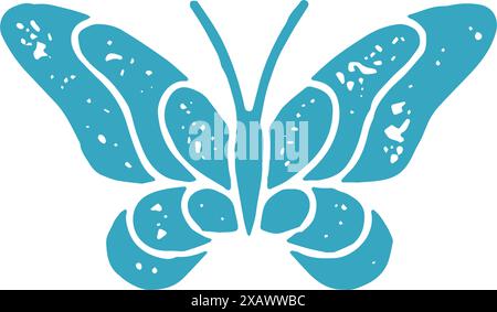 Monochromer blauer ornamentaler Schmetterling mit geschwungenen Flügeln und Schnurrbart dekoratives Design Grunge Textur Vektor Illustration. Einfache fliegende Insektenmotte lo Stock Vektor