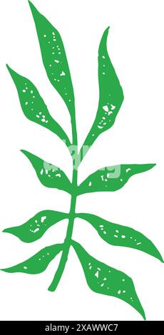 Handgezeichneter minimalistischer grüner natürlicher Zweig mit Stiel und Blättern monochrome Grunge-Textur-Vektor-Illustration. Zeichnung Logo tropische Pflanze Stock Vektor