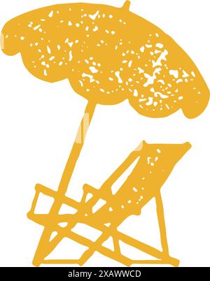 Handgezeichnete einfache gelbe Logo Chaiselongue mit Sonnenschirm Sommer Strand Resort Sonnenbaden Erholung Grunge Textur Vektor Illustration. Monochrome Sonne Stock Vektor