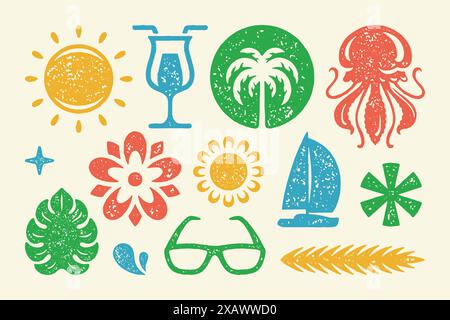 Sommer Symbole und Objekte setzen Vektor-Illustration. Tropische Sonne mit Palmen und blühenden Blumen. Sonnenbrille mit Blatt und Tropfen. Abstrakte Sterne Stock Vektor