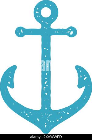 Monochromer einfacher blauer marineblauer Anker mit Loch für Seil hängend dekoratives Design Grunge Textur Vektor Illustration. Handgezeichnete Seefahrt Sommer journ Stock Vektor