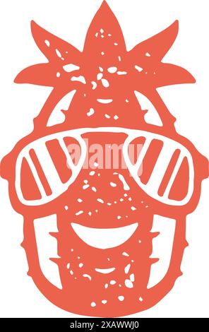 Minimalistisches einfaches Logo rote Ananas Sonnenbrille lächelt mit positiven Emotionen dekoratives Design Grunge Textur Vektor Illustration. Monochrom Hand dr Stock Vektor