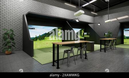 Rendering eines modernen Indoor-Golfsimulators mit Projektionsleinwand, Schlagstation und Sitzbereich Stockfoto