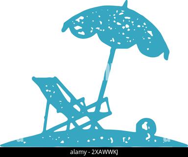 Sommer Chaiselongue mit Ball unter Sonnenschirm Strand Freizeit Sonnenbaden entspannend Hand gezeichnet blau Grunge Textur Vektor Illustration. Küstenrekreation l Stock Vektor