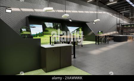 Rendering eines modernen Indoor-Golfsimulators mit Schlagabteilung, Projektionsleinwand und Sitzbereich Stockfoto