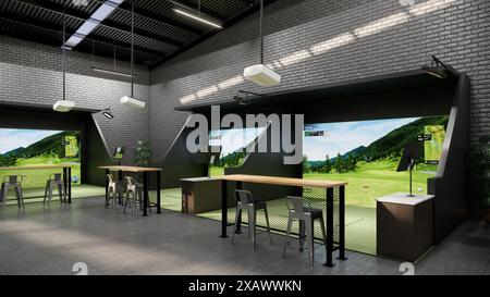 Rendering eines modernen Indoor-Golfsimulators mit Schlagabteilung, Projektionsleinwand und Sitzbereich Stockfoto