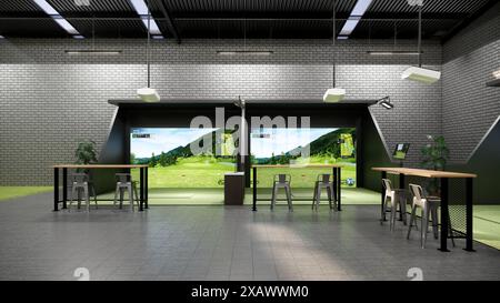 Rendering eines modernen Indoor-Golfsimulators mit Schlagabteilung, Projektionsleinwand und Sitzbereich Stockfoto