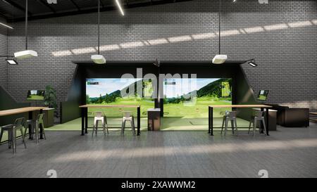 Rendering eines modernen Indoor-Golfsimulators mit Schlagabteilung, Projektionsleinwand und Sitzbereich Stockfoto