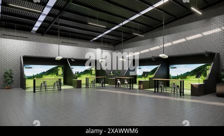 Rendering eines modernen Indoor-Golfsimulators mit Schlagstation, Projektionsleinwand Stockfoto