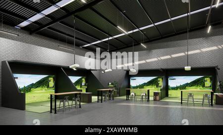 Rendering eines modernen Indoor-Golfsimulators mit Schlagstation, Projektionsleinwand Stockfoto