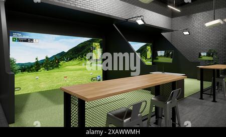 Rendering eines modernen Indoor-Golfsimulators mit Schlagabteilung, Projektionsleinwand und Sitzbereich Stockfoto