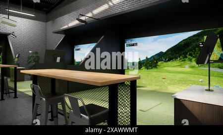 Rendering eines modernen Indoor-Golfsimulators mit Schlagabteilung, Projektionsleinwand und Sitzbereich Stockfoto