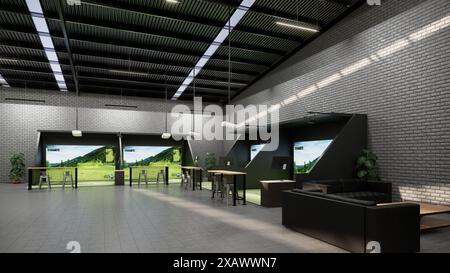 Rendering eines modernen Indoor-Golfsimulators mit Projektionsleinwand, Schlagstation und Sitzbereich Stockfoto