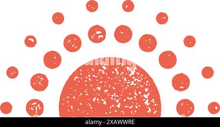 Abstrakte brennende rote Halbbogensonne Symbol von Morgen, Abend, Sonnenuntergang, Sonnenaufgang, Sonnenuntergang Hand gezeichnet Grunge Textur Vektorgrafik. Strahlend natürlich Stock Vektor