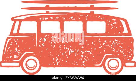 Handgezeichneter Surfer-Bus mit Surfboards Seitenansicht rot Grunge Textur Vektorgrafik. Sommer Reise Urlaub Retro Wagen Transport decorati Stock Vektor