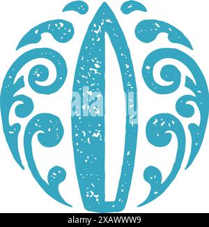 Stehendes Surfbrett mit geschwungenen Wasser Wellen dekoratives Design blau Logotyp Grunge Textur Vektor Illustration. Surfen Hobby Extremsport Freizeit Stock Vektor