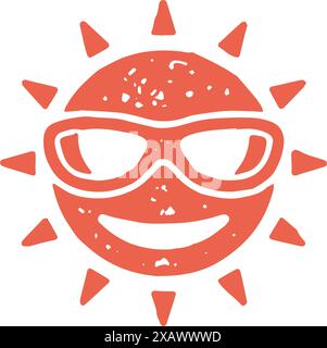 Lächelnd brennende rote Sonne in Sonnenbrillen Mode Sommer dekoratives Design Logotyp Grunge Textur Vektor Illustration. Lachend sonnig Charakter positiv Stock Vektor