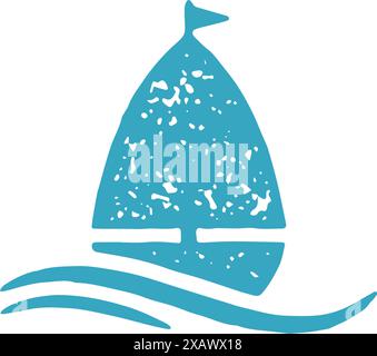 Niedliches Segelboot schwimmend umgeben von Meereswelle offene Wasseroberfläche blau Hand gezeichnet Grunge Textur Vektor Illustration. Seeschiff mit Flagge Marine Stock Vektor