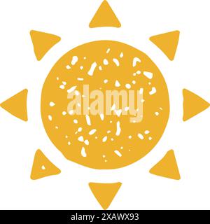 Leuchtend gelbe Sonne Grunge Textur ornamental Kreis mit Dreieck Pfeile Balken Vektor-Illustration. Strahlend sonnig Sommer goldenes Element Beleuchtung Wärme d Stock Vektor