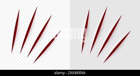 Realistischer Vektorschnitt mit einem Büromesser auf isoliertem Papierbogen. Tierkrallen Kratzer auf transparentem Hintergrund. Stock Vektor