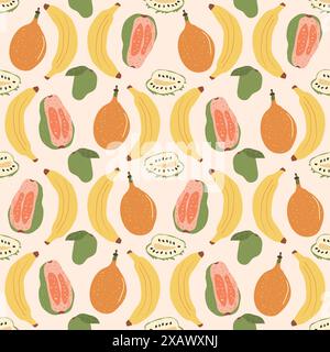Nahtloses Muster mit stilisierten tropischen Früchten wie Bananen, Guave mit Mango und süßem granadilla. Vektor handgezeichnet flache Illustration. Stock Vektor