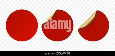 Vektor rot realistische Papier Aufkleber, Preisschilder isoliert auf transparentem Hintergrund. Set aus runden Stickern mit goldenen Ecken und weichen Schatten. Stock Vektor