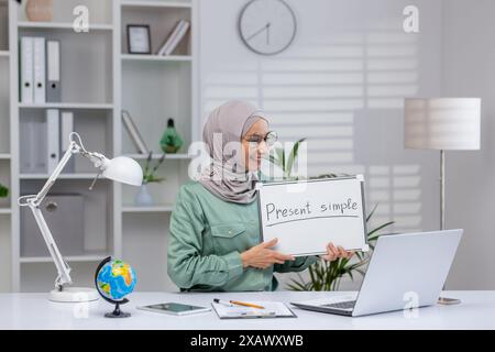 Der Lehrer erklärt, dass die Präsenzform „einfach“ in einer virtuellen Klasse mithilfe eines Whiteboards erläutert wird. Konzept der Online-Ausbildung, des E-Learning und des Unterrichts der englischen Grammatik. Stockfoto