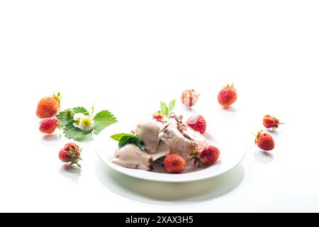 Frischer Bio-Hüttenkäse mit Erdbeeren und Eis auf einem Teller isoliert auf weißem Hintergrund. Stockfoto